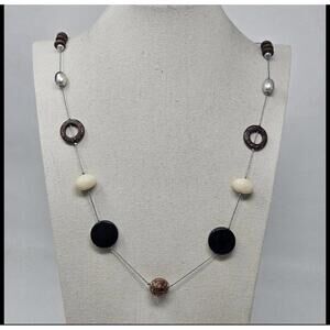 Natural Wood & Nut Station Bead Necklace 36” Long Boho Earth Tone Unmarked